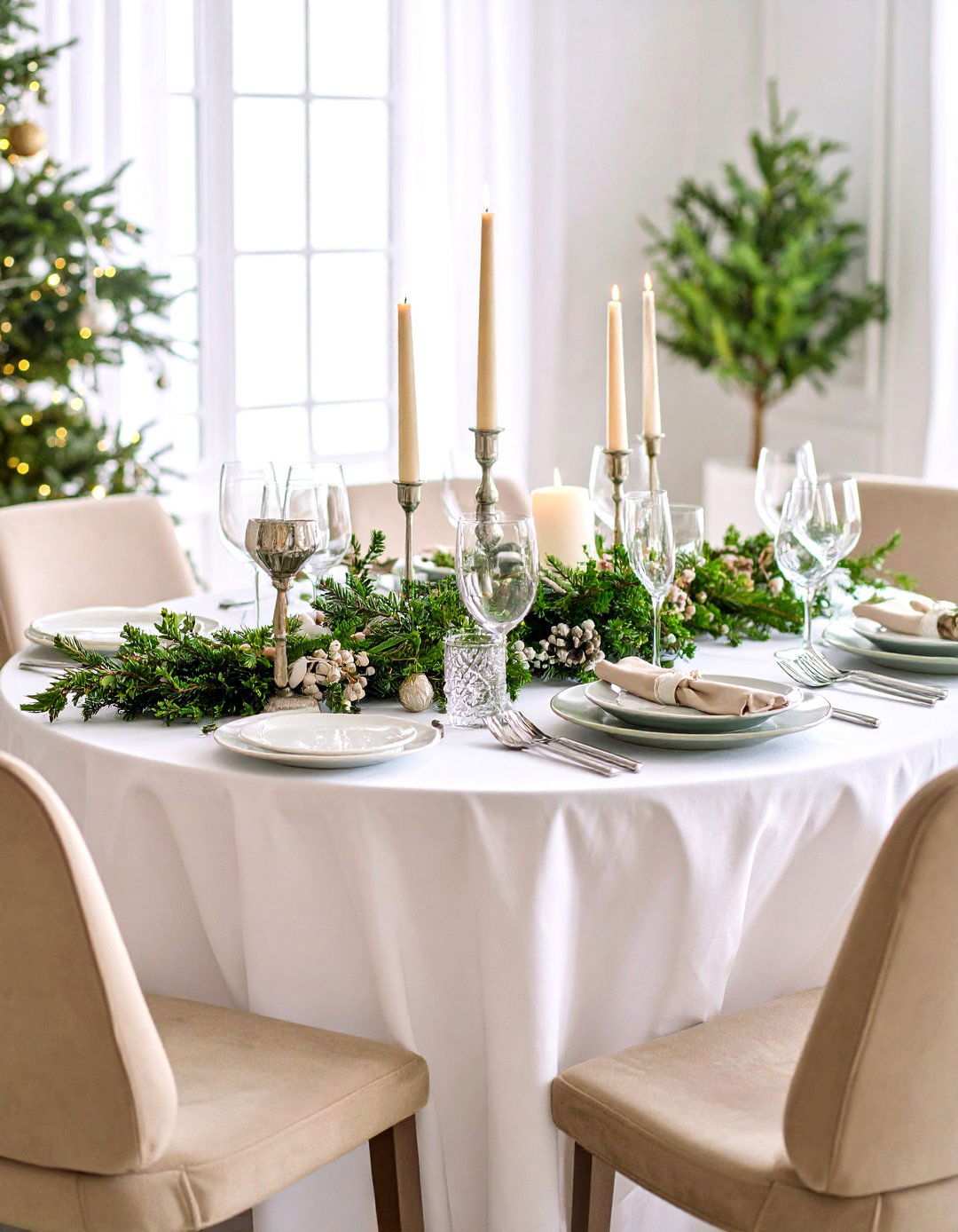 Winter Wonderland with Evergreen and Silver Details - 24 Round Table Decor Ideas