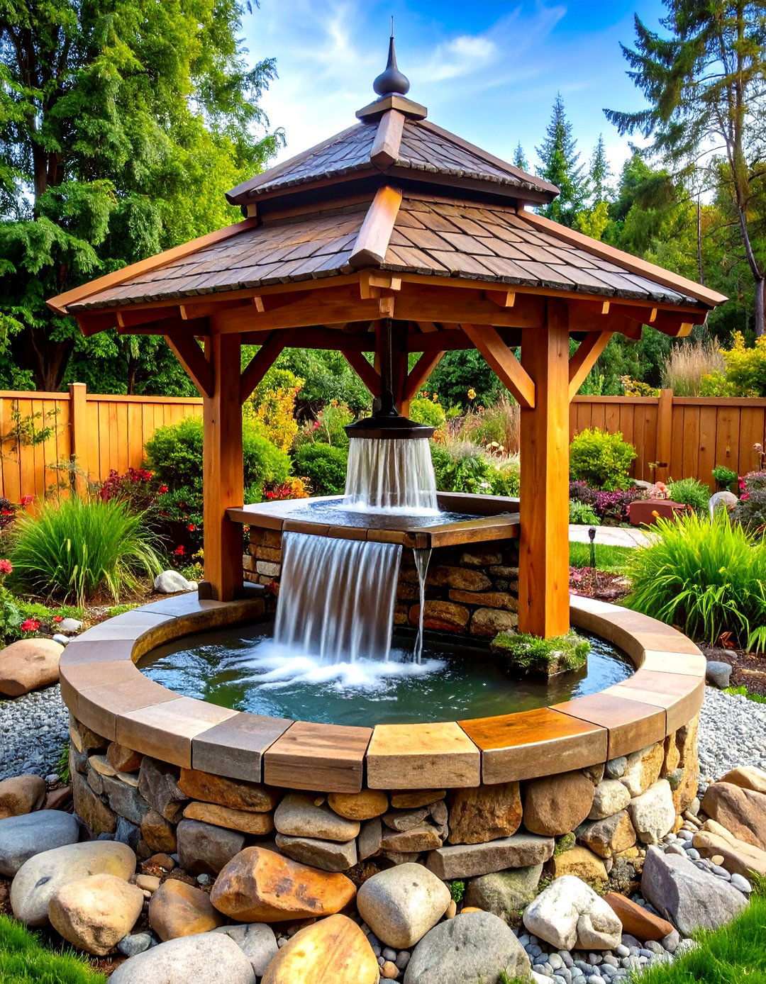 Wishing Well Water Fountain with Cascading Design - 24 Outdoor Wishing Well Garden Ideas