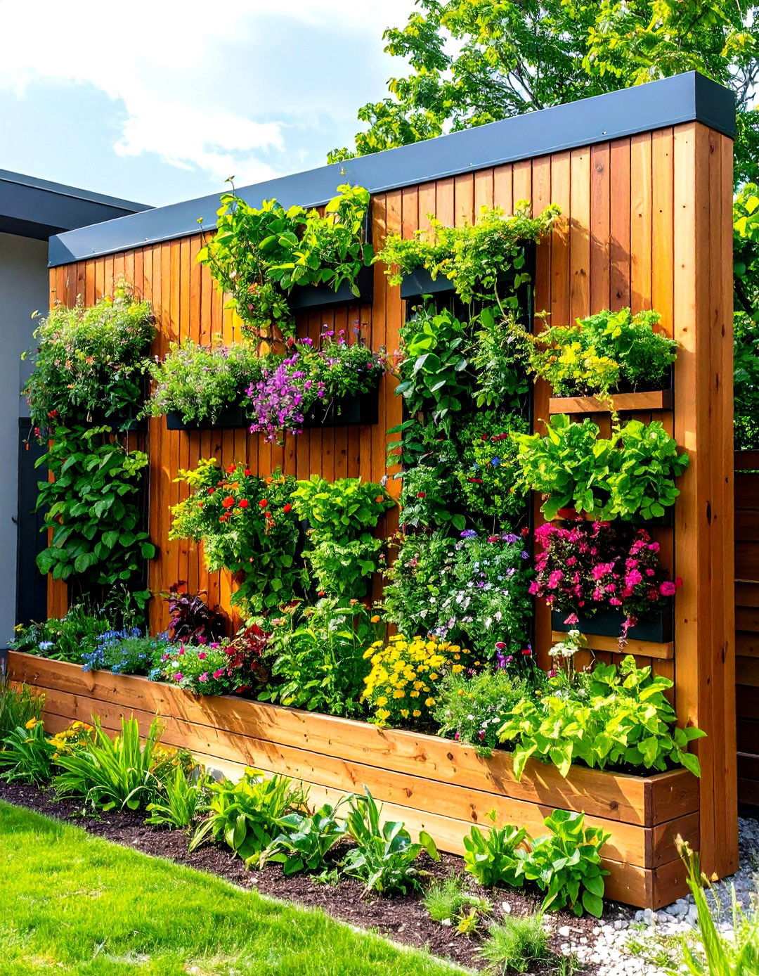 Wood Retaining Wall with Green Wall Vertical Garden Integration - 24 Wood Retaining Wall Ideas