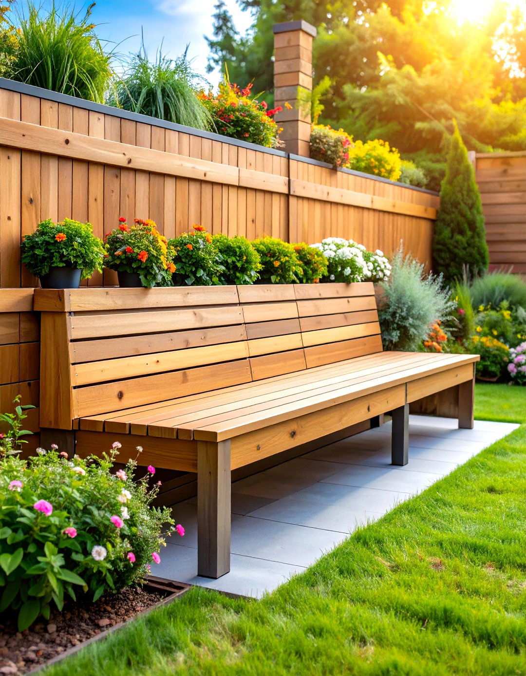 Wood Retaining Wall with Integrated Bench Seating - 24 Wood Retaining Wall Ideas