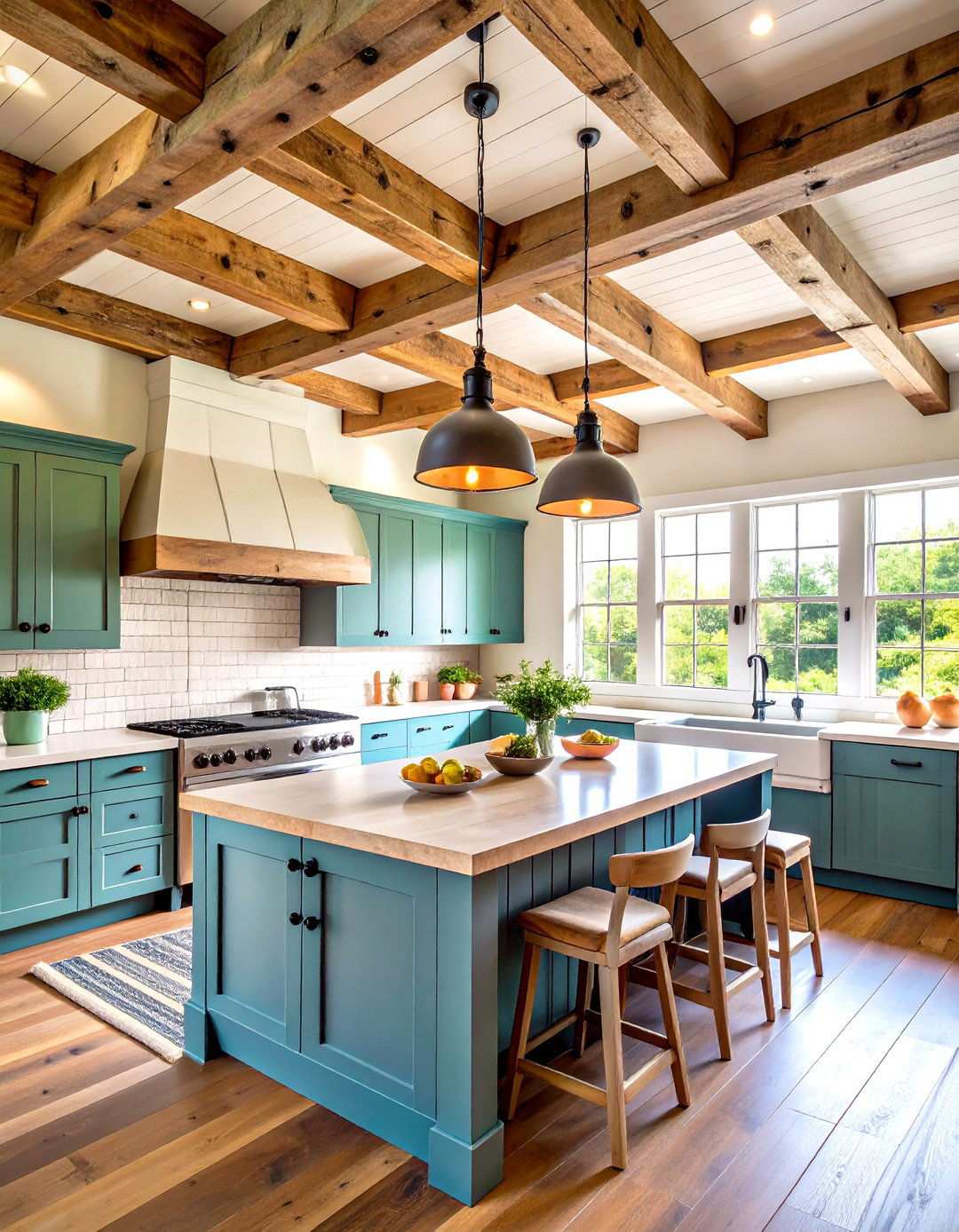 Wooden Beam Ceiling Accent Features - 24 Primitive Kitchen Ideas