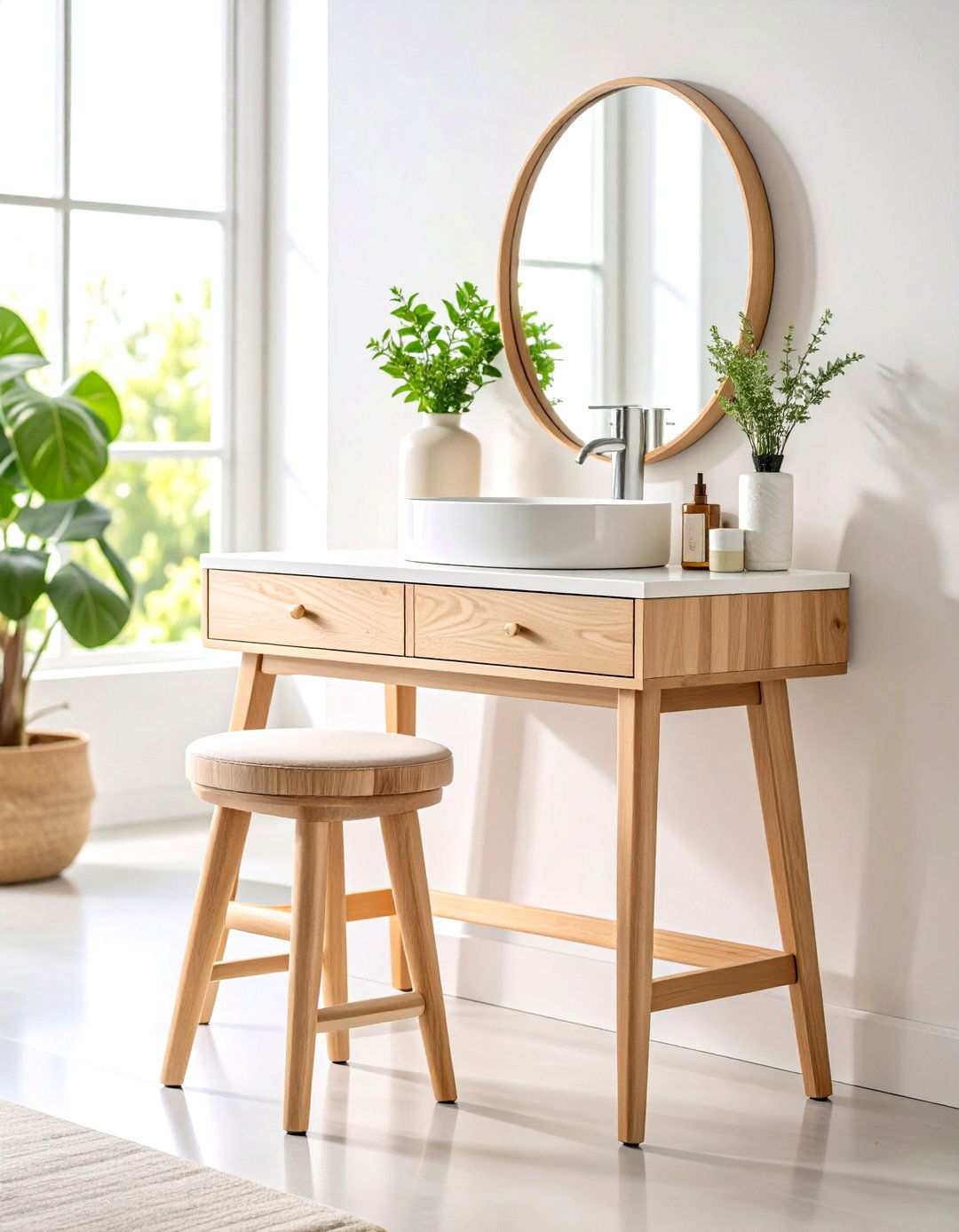 Wooden Vanity Stool Storage - 24 Scandinavian Bathroom Ideas