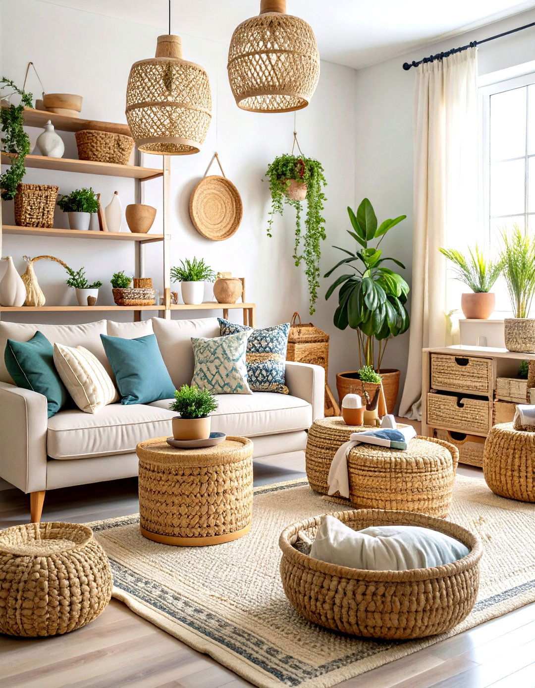 Woven Basket Storage Display Living Room - 24 Neutral Boho Living Room Ideas