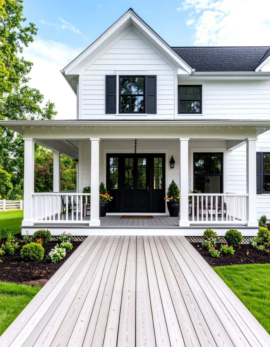Wraparound Porch with Black Columns - 24 White Farmhouse With Black Windows Ideas