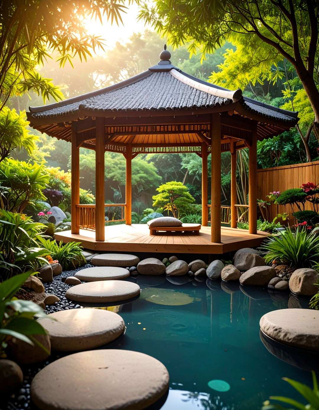 Zen Meditation Gazebo with Water Features - 24 patio with a gazebo ideas